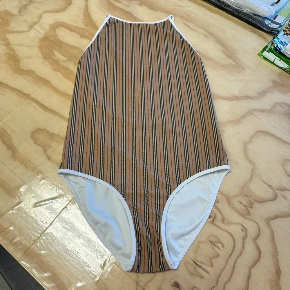 Authentic Burberry Girls Sadie Icon Stripe One Piece Swimsuit Plaid Beige 14Y 14
